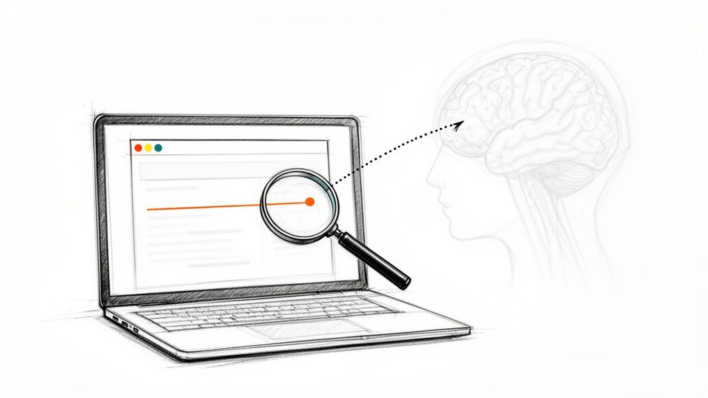 Sketch of laptop screen with magnifying glass linked to a brain, representing information processing.