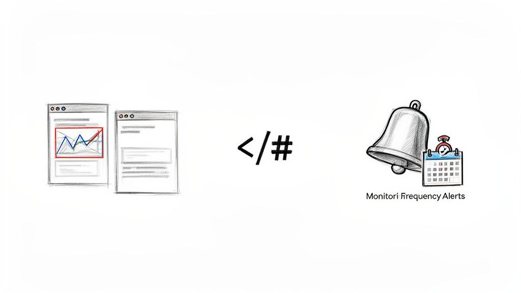 Sketches of web pages with a graph and text, a code symbol, and a bell for frequency alerts.