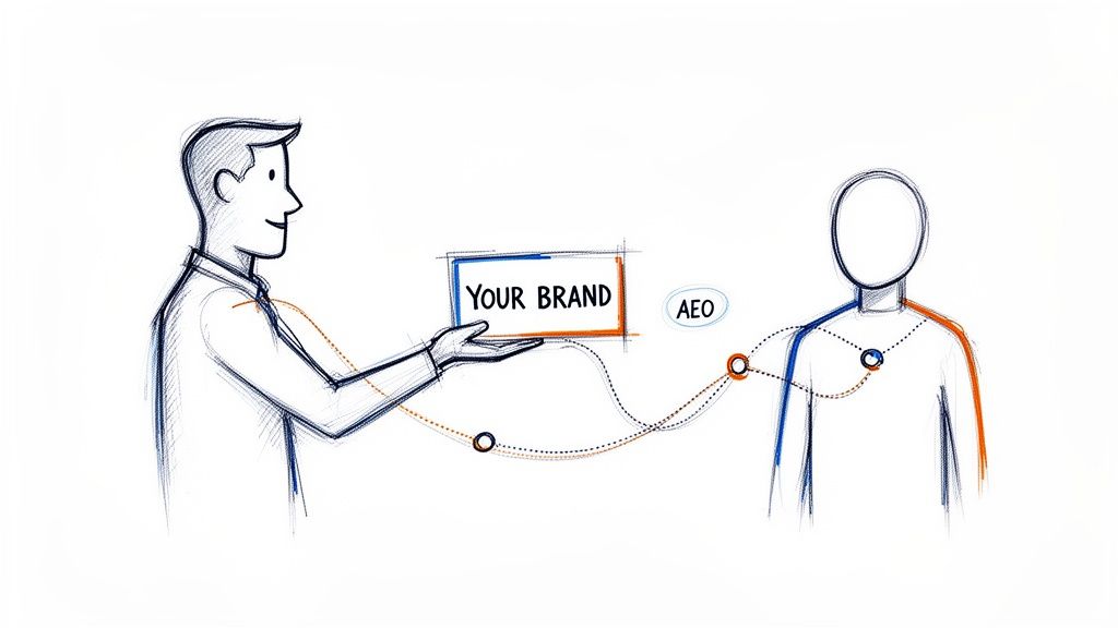 An illustration showing a person presenting 'YOUR BRAND' connected to another person with lines, labeled AEO.