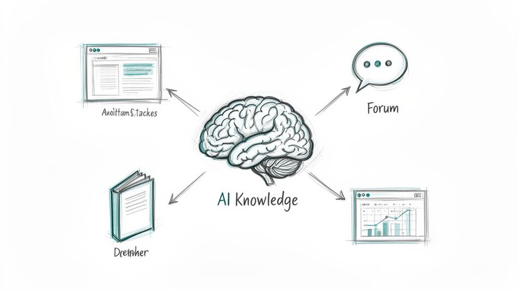 Diagram showing AI knowledge gathered from diverse sources like web pages, forums, and books.