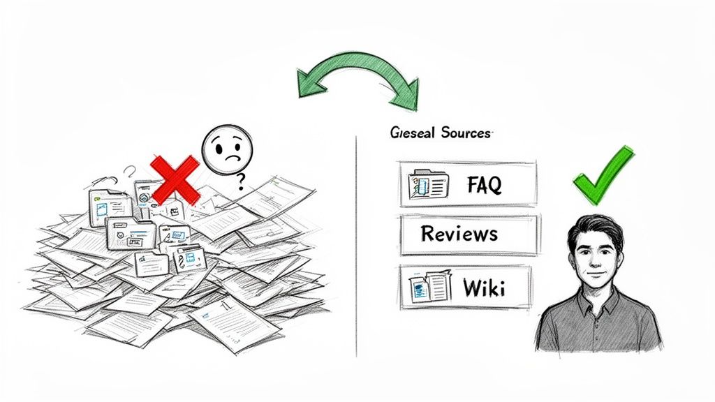 Illustration: chaotic documents transform into organized sources (FAQ, Wiki) for a satisfied user.