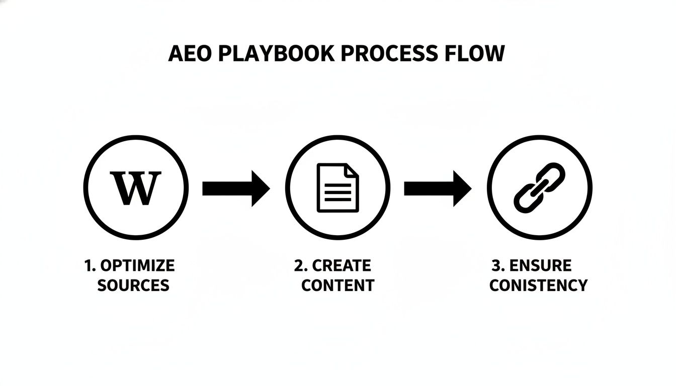 AEO Playbook process flow diagram outlining three steps: Optimize Sources, Create Content, Ensure Consistency.