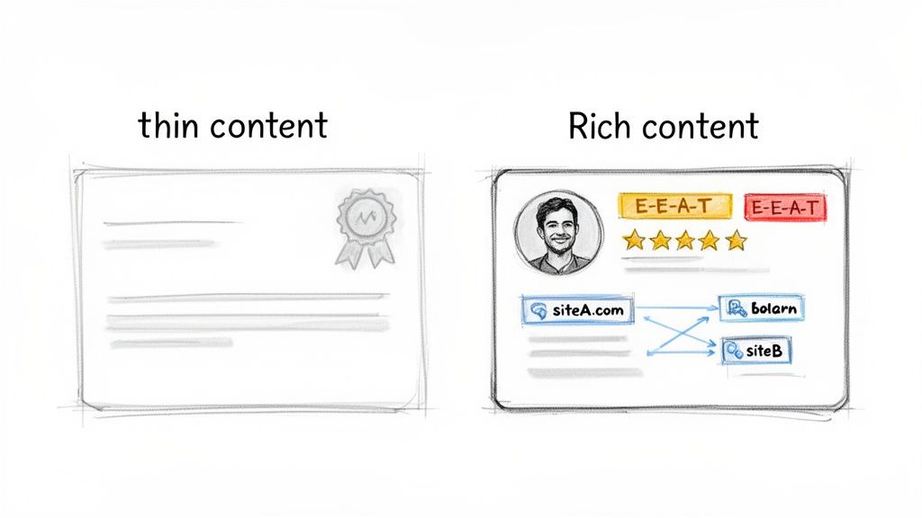 Diagram comparing thin content (minimal, basic) with rich content (author, E-E-A-T, ratings, links).