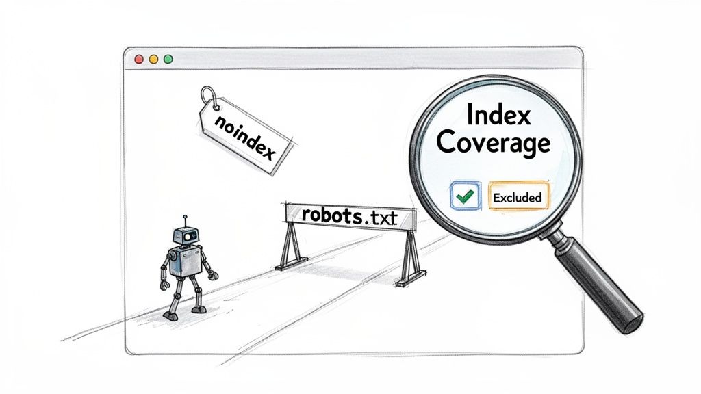 Illustration of a robot encountering 'noindex' and 'robots.txt' barriers, with 'Index Coverage Excluded' shown in a magnifying glass.