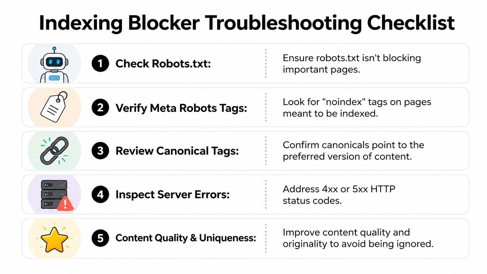 A five-step infographic checklist for troubleshooting website indexing blockers to help improve search engine visibility.