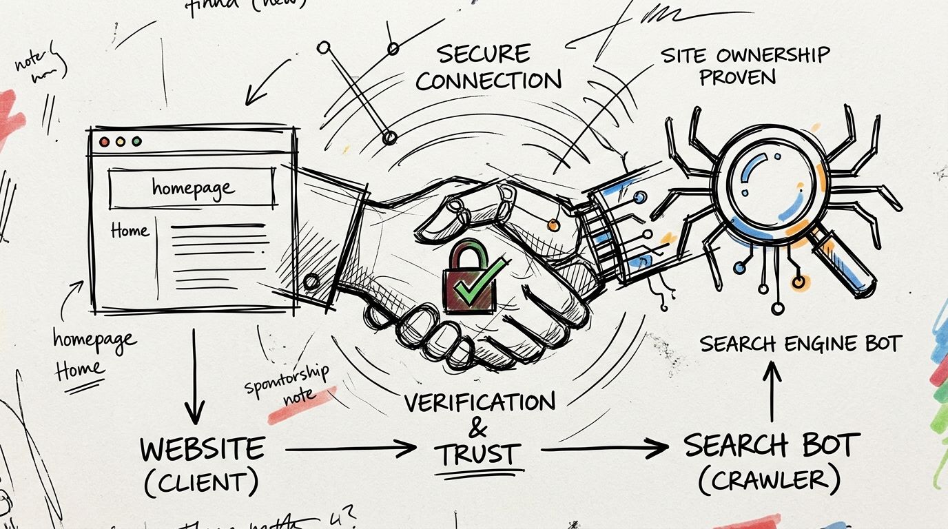A hand-drawn illustration showing a website homepage shaking hands with a search engine crawler robot.
