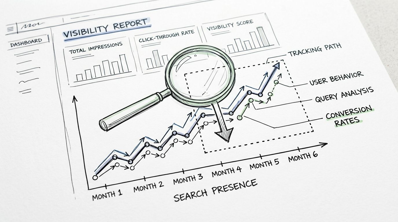 A hand-drawn graphic illustrating a website visibility report with charts, a magnifying glass, and search metrics.