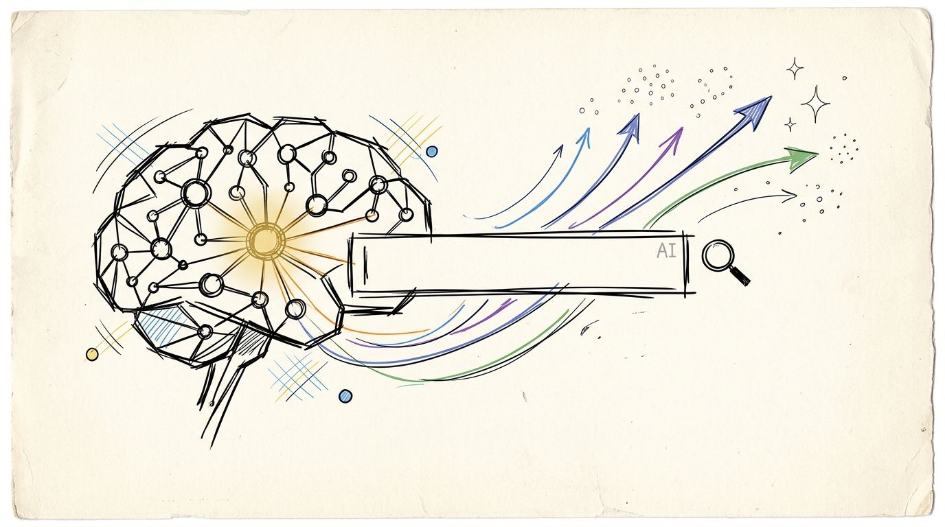 A sketched illustration showing a brain connected to a search bar and upward arrows representing AI.