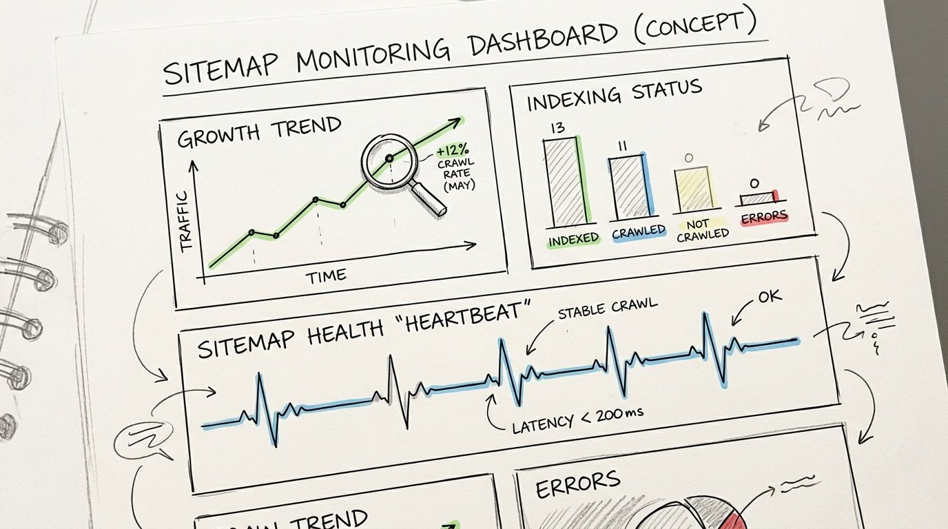 A hand-drawn sketch of a sitemap monitoring dashboard showing traffic trends, indexing status, and heartbeat analysis.