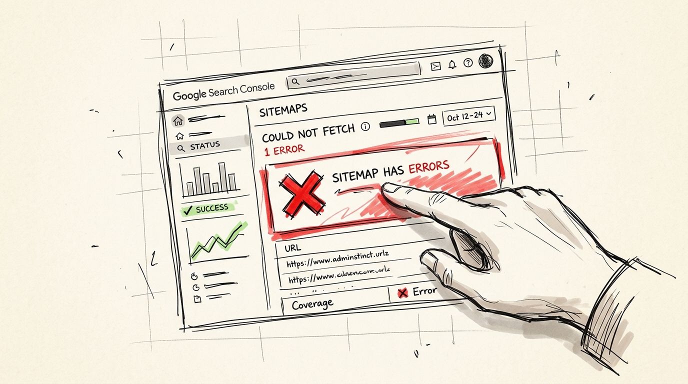 A hand pointing at a Google Search Console screen displaying a sitemap error notification for a website.