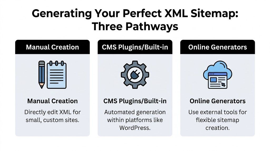 A chart illustrating three methods for generating an XML sitemap for websites, including manual, plugin, and online options.