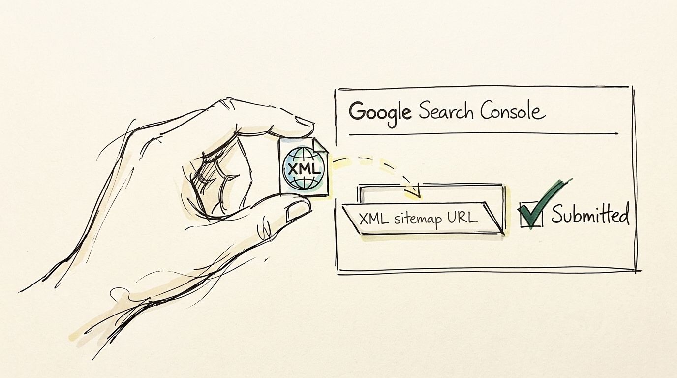 A hand holding an XML file icon being submitted into the Google Search Console sitemap URL field.