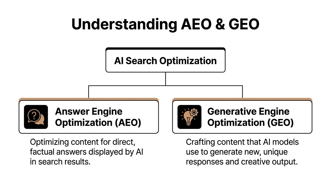 A diagram explaining the differences between Answer Engine Optimization (AEO) and Generative Engine Optimization (GEO) in AI search.