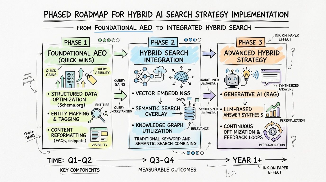 A phased roadmap infographic showing the transition from foundational AEO quick wins to advanced hybrid AI search strategies.