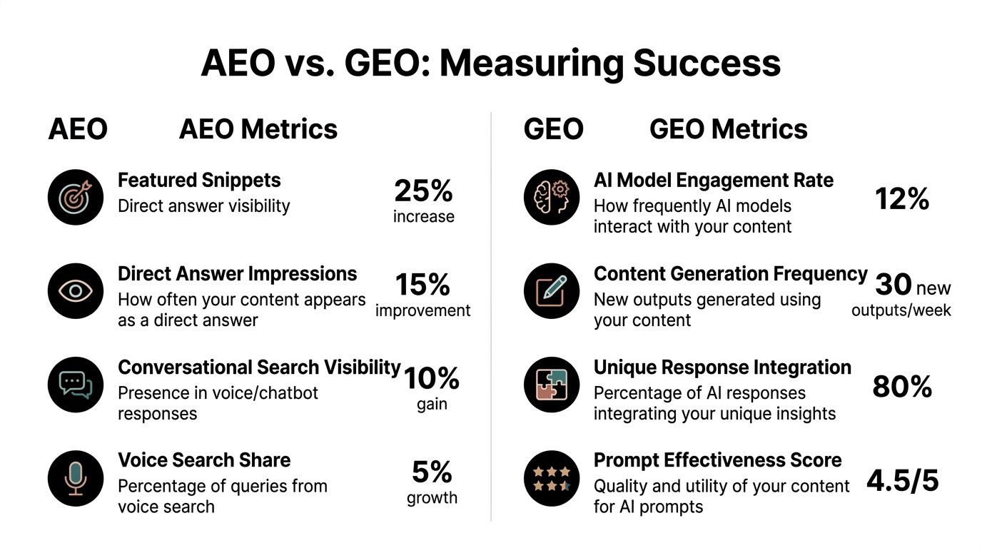 A comparison chart outlining key performance metrics for AEO versus GEO marketing and search optimization strategies.