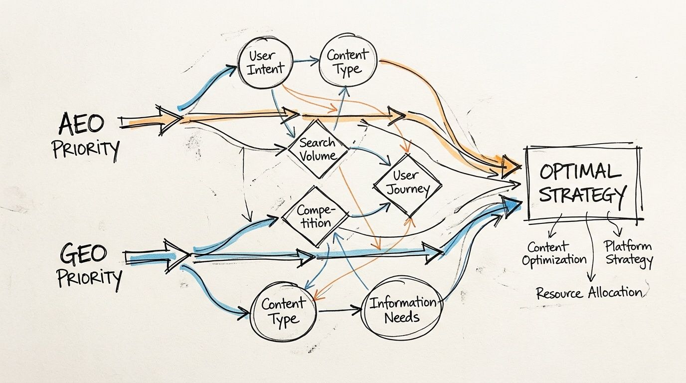 A diagram illustrating the strategic workflow comparing AEO and GEO priorities towards an optimal marketing strategy.