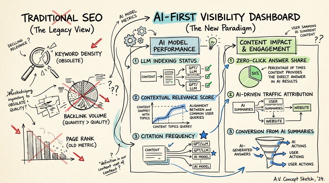 A diagram comparing traditional SEO methods with an AI-first visibility dashboard focusing on modern metrics.