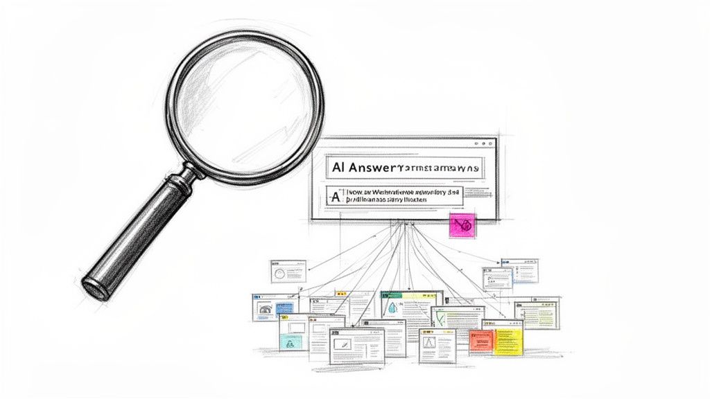 Sketch of a magnifying glass over an 'AI Answer' window, connected to multiple data sources.