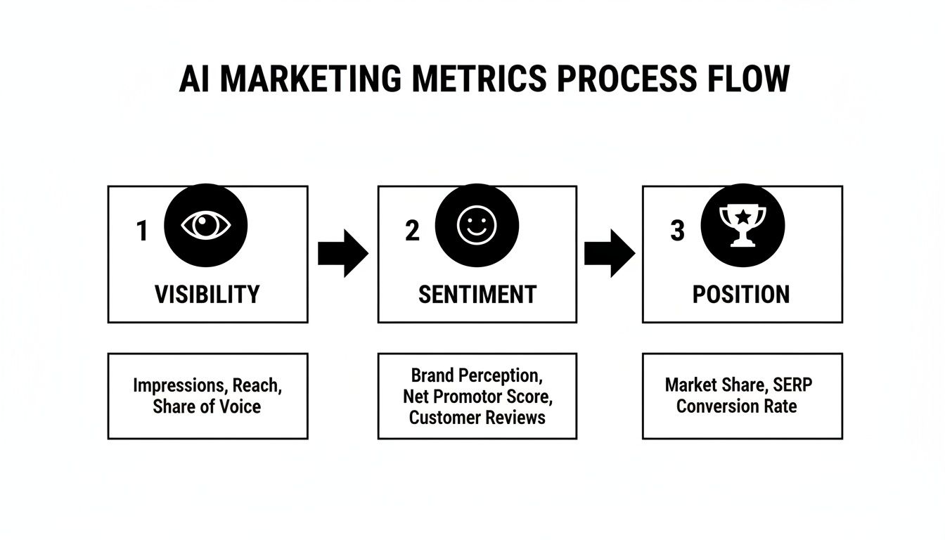 AI marketing metrics process flow with stages: Visibility, Sentiment, and Position, showing key metrics.