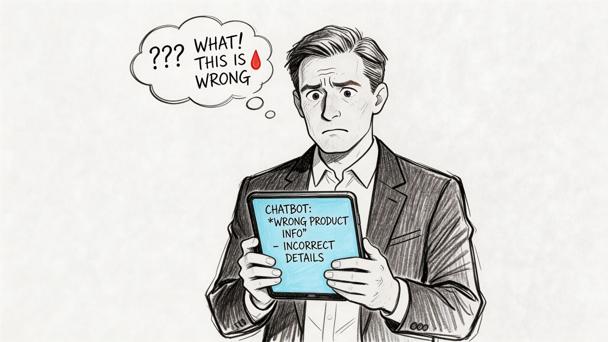 A charcoal sketch of a man looking shocked and concerned while reading incorrect information on a tablet.