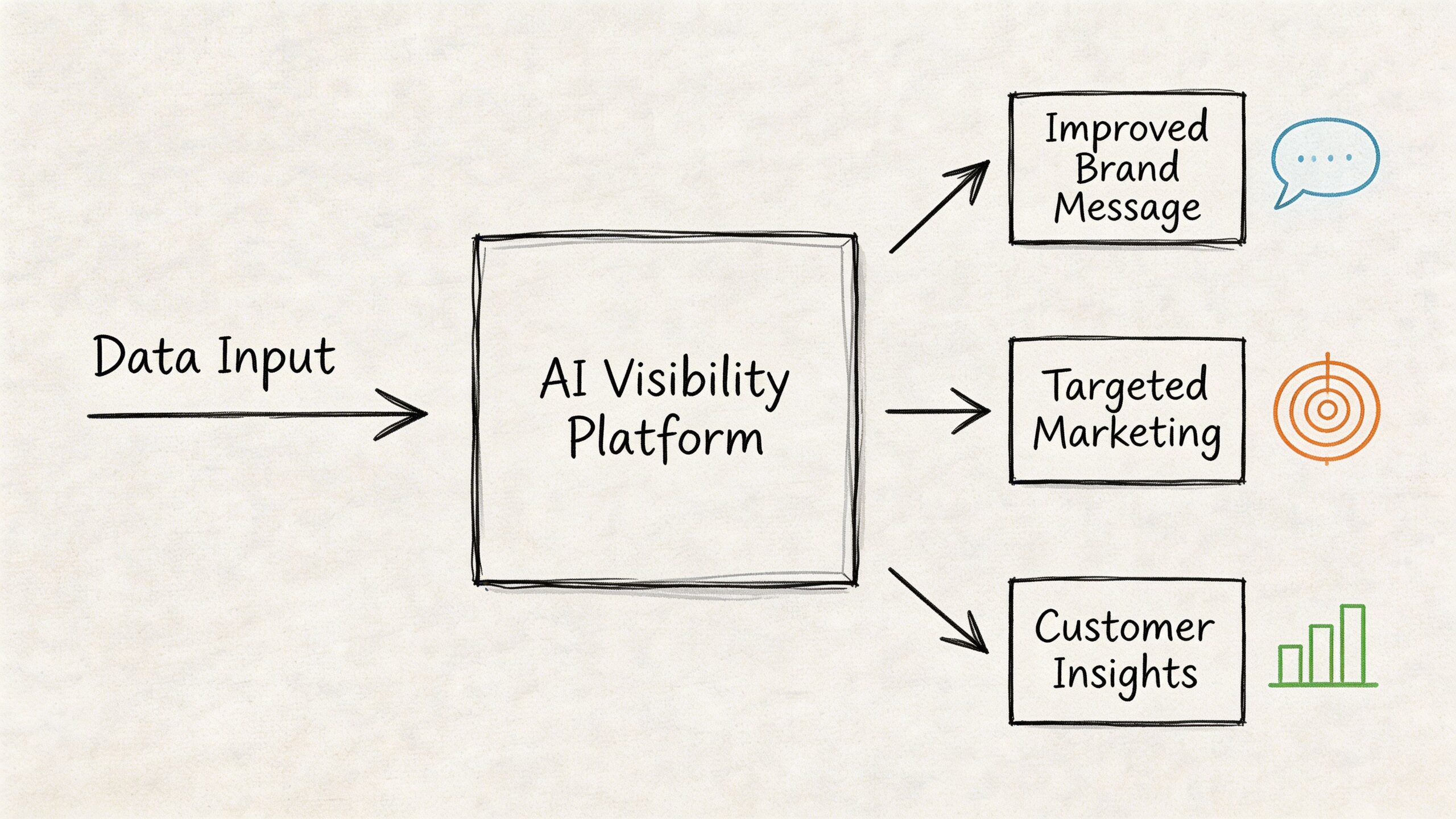 A diagram shows data input feeding into an AI visibility platform that generates improved brand messaging and marketing.