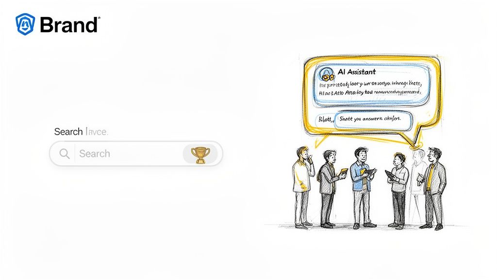 A brand logo, search bar with a trophy icon, and an AI assistant interacting with a group of people.