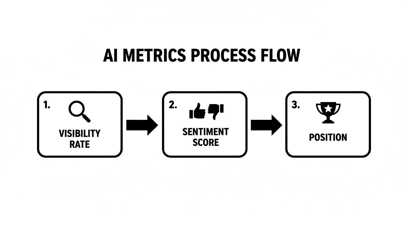 Flow diagram illustrating key AI metrics process: Visibility Rate, Sentiment Score, and Position.