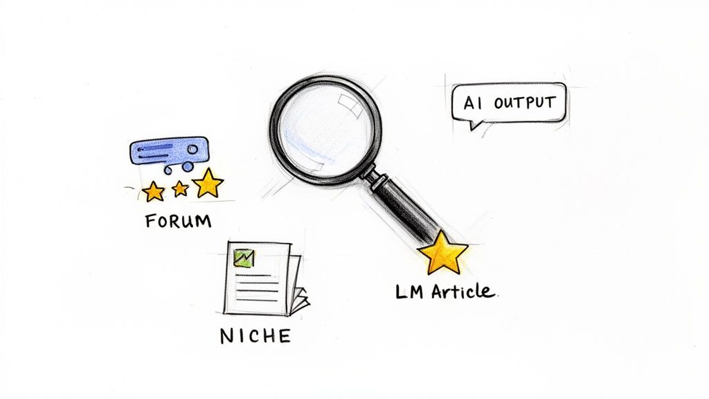 A doodle showing a magnifying glass examining various information sources: forums, niche content, AI output, and an LM article, with quality stars.