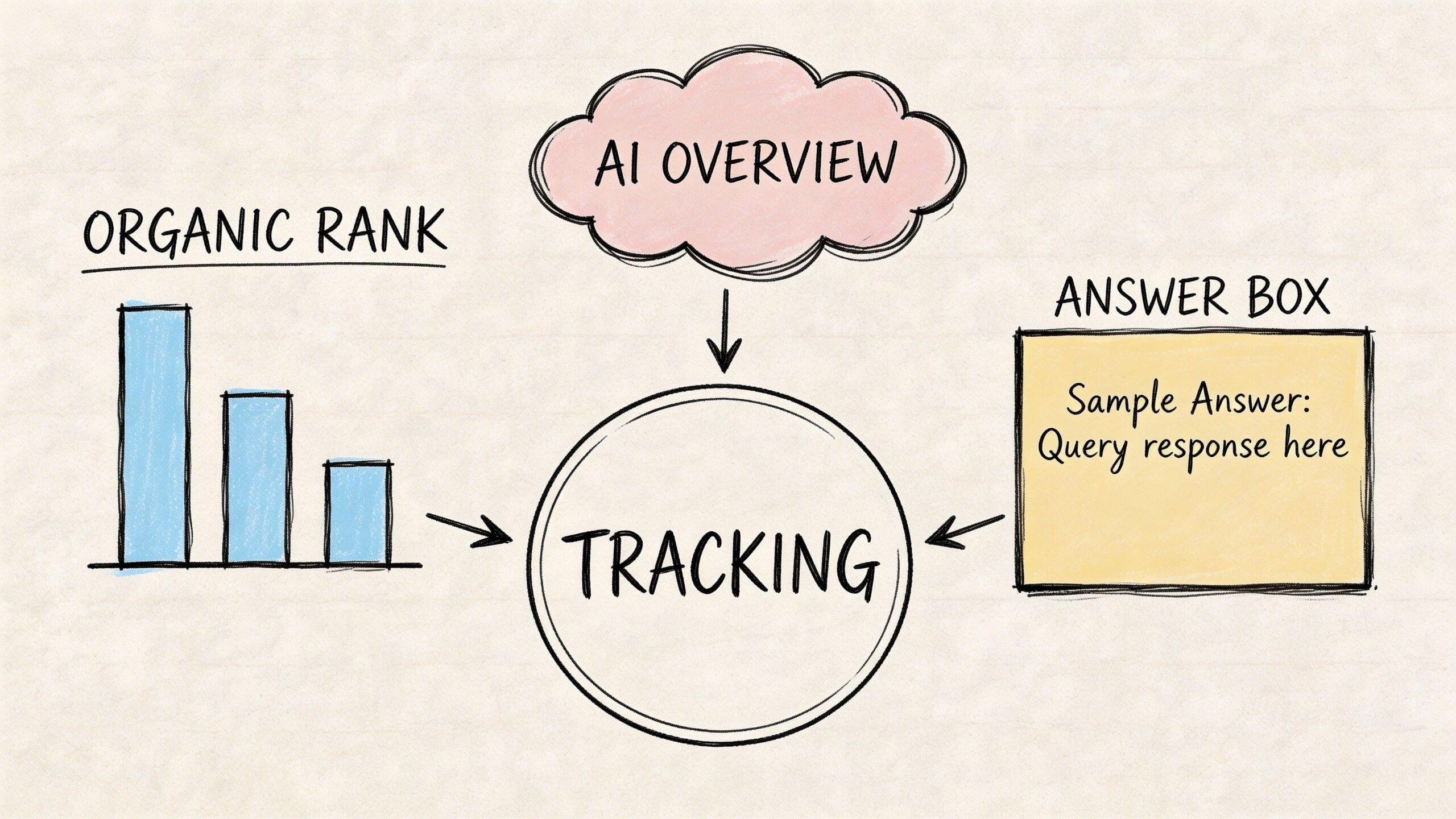 A diagram illustrating SEO tracking metrics for organic rank, AI overviews, and answer box search results.