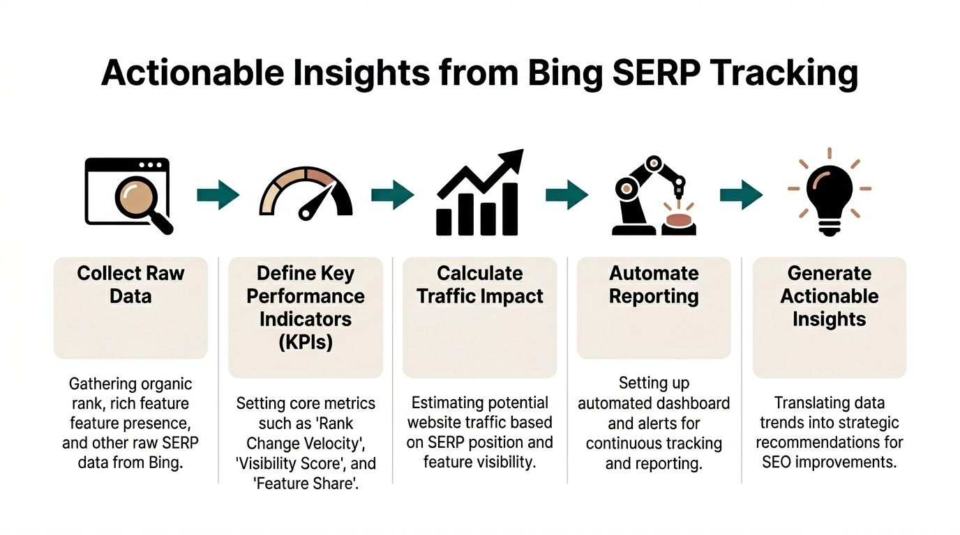 A flowchart showing five steps for gathering and analyzing actionable insights from Bing SERP tracking data.