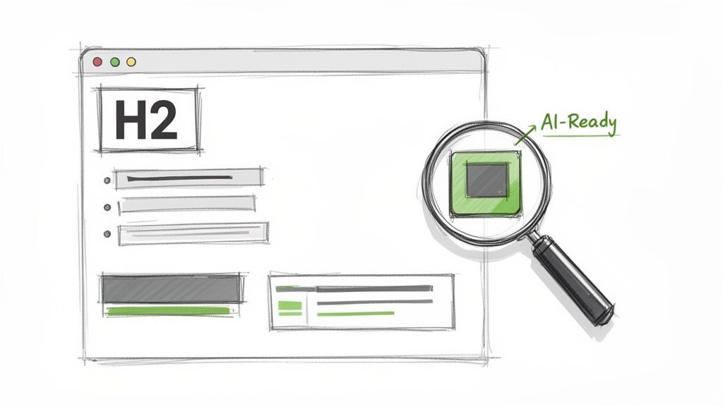 A sketch of a browser window with 'H2' and 'AI-Ready' text, magnifying a green processing chip.