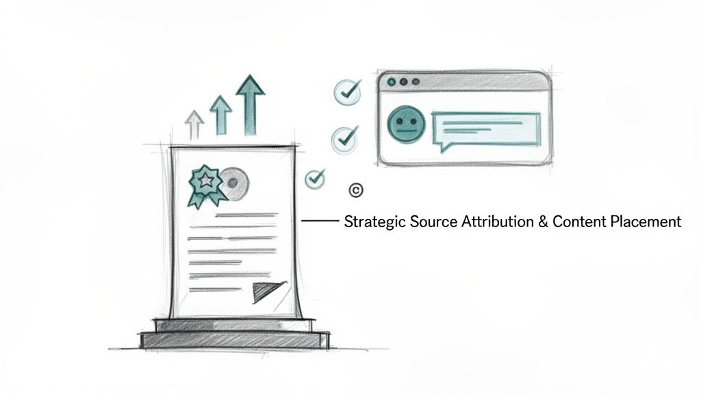 Sketch illustrating strategic source attribution and content placement with a certificate, growth arrows, and online feedback.