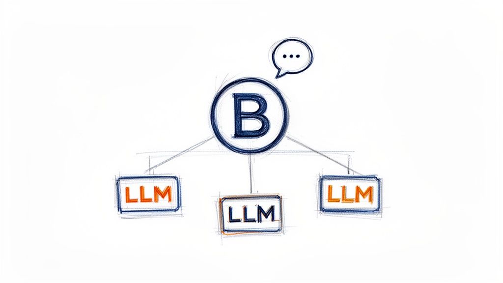 Hand-drawn diagram showing a central 'B' node communicating with three 'LLM' (Large Language Model) nodes.