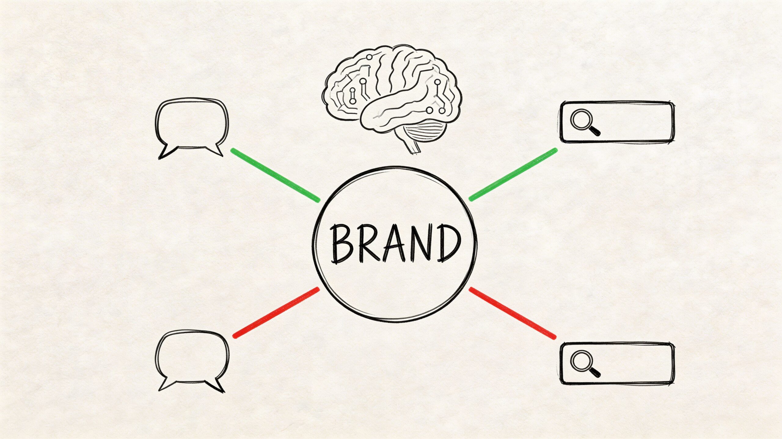 A hand-drawn diagram illustrating brand sentiment analysis with icons for communication and search engine research.