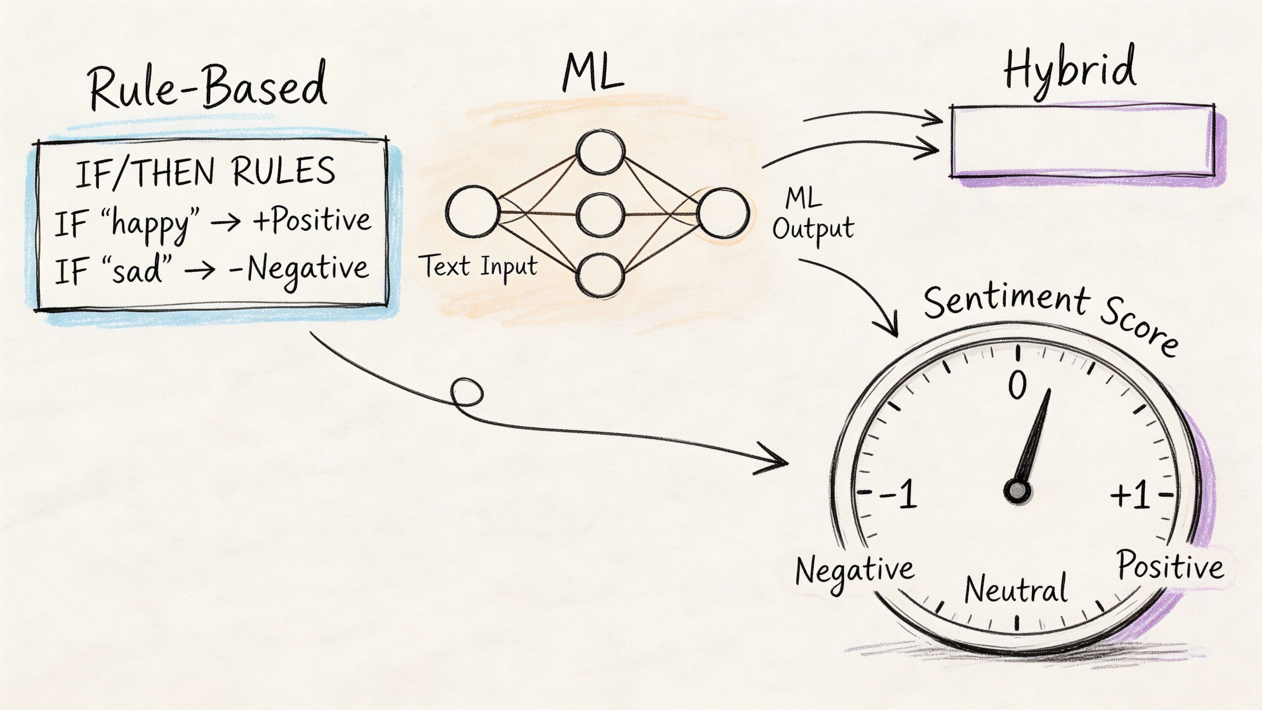 A diagram comparing rule-based and machine learning approaches for calculating a sentiment analysis score.