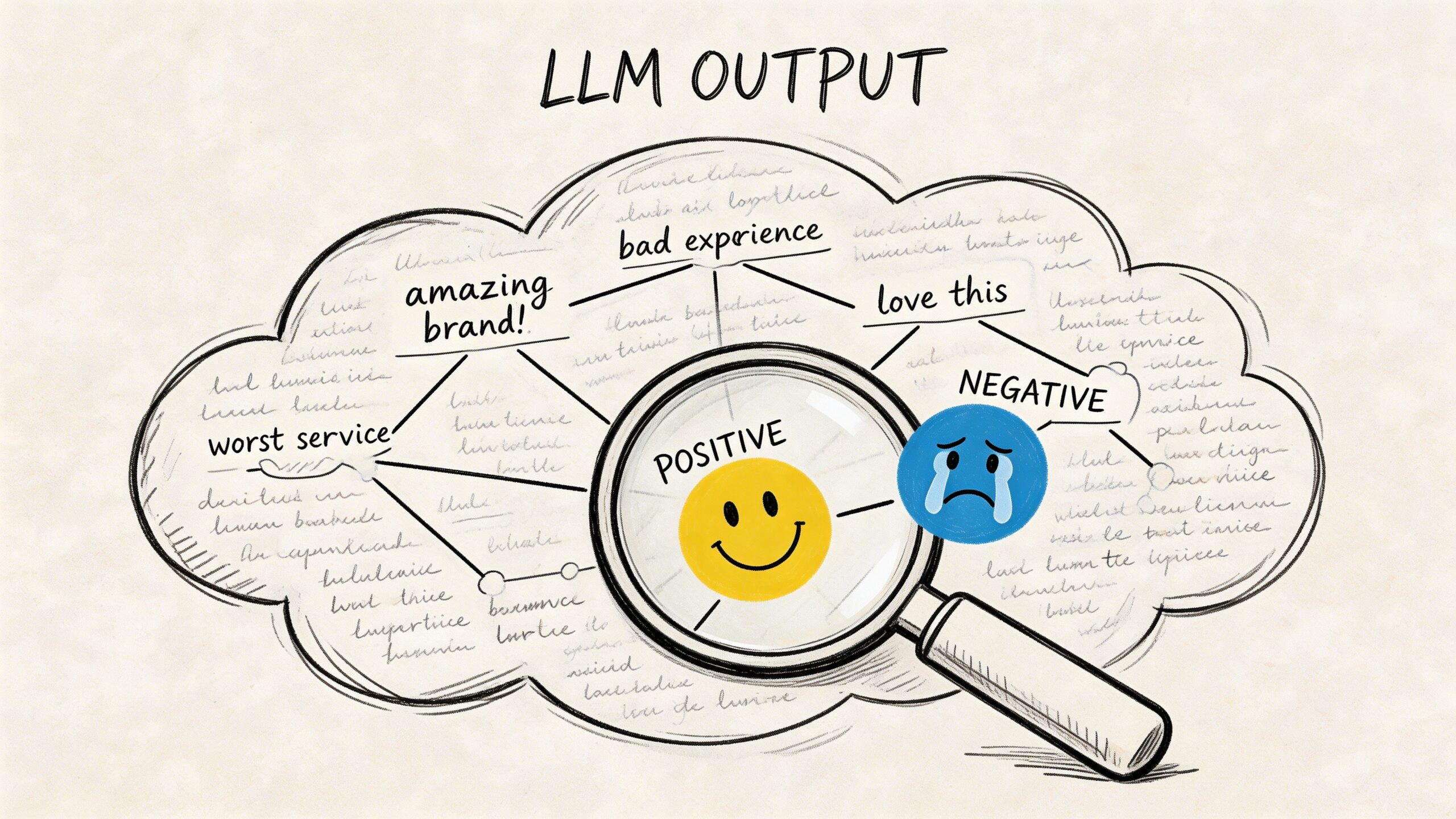 A magnifying glass examining various text phrases to illustrate the concept of brand sentiment analysis through LLM.