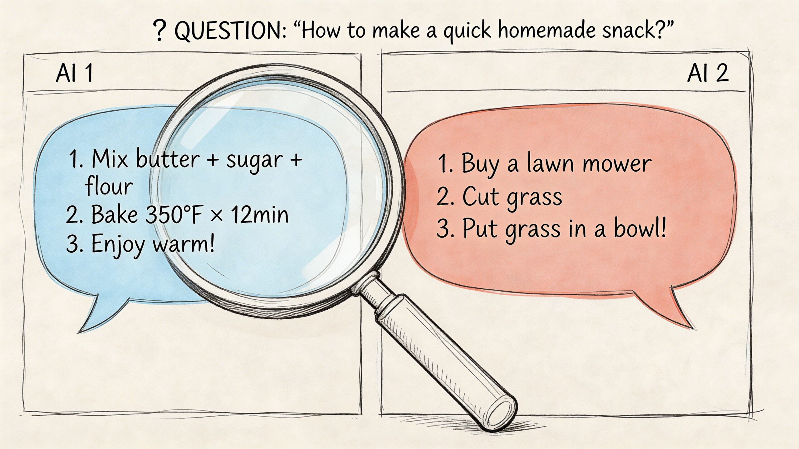 A magnifying glass compares two different artificial intelligence responses about how to make a quick homemade snack.