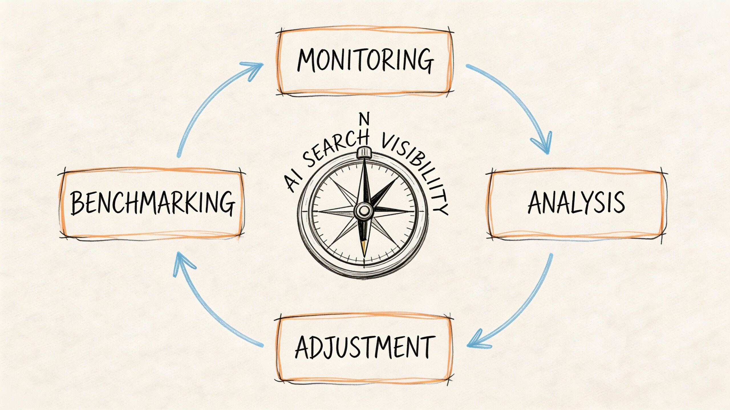A circular diagram illustrating the cycle of AI search visibility, featuring monitoring, analysis, adjustment, and benchmarking steps.