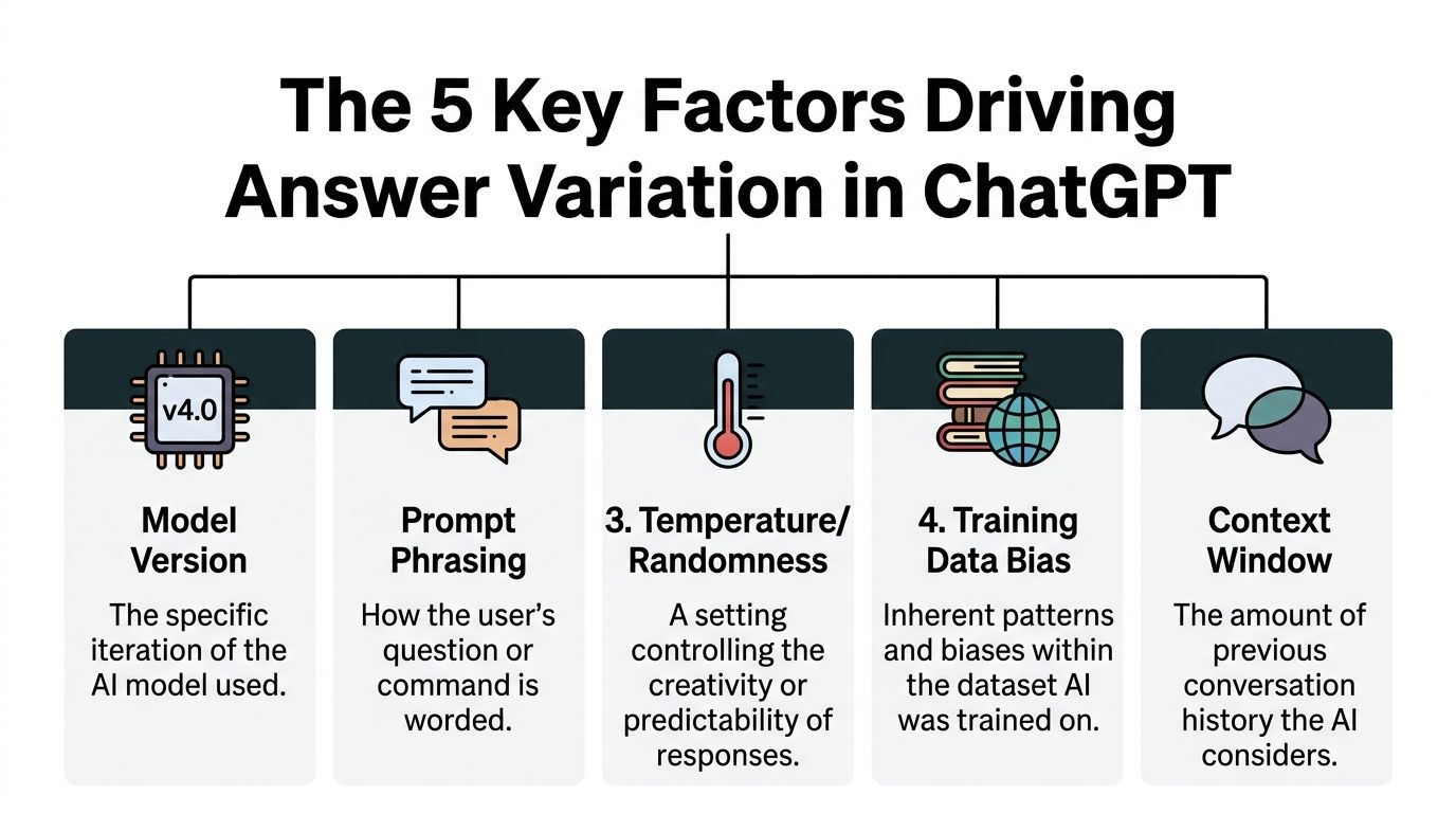 An infographic titled The 5 Key Factors Driving Answer Variation in ChatGPT explaining how AI responses change.