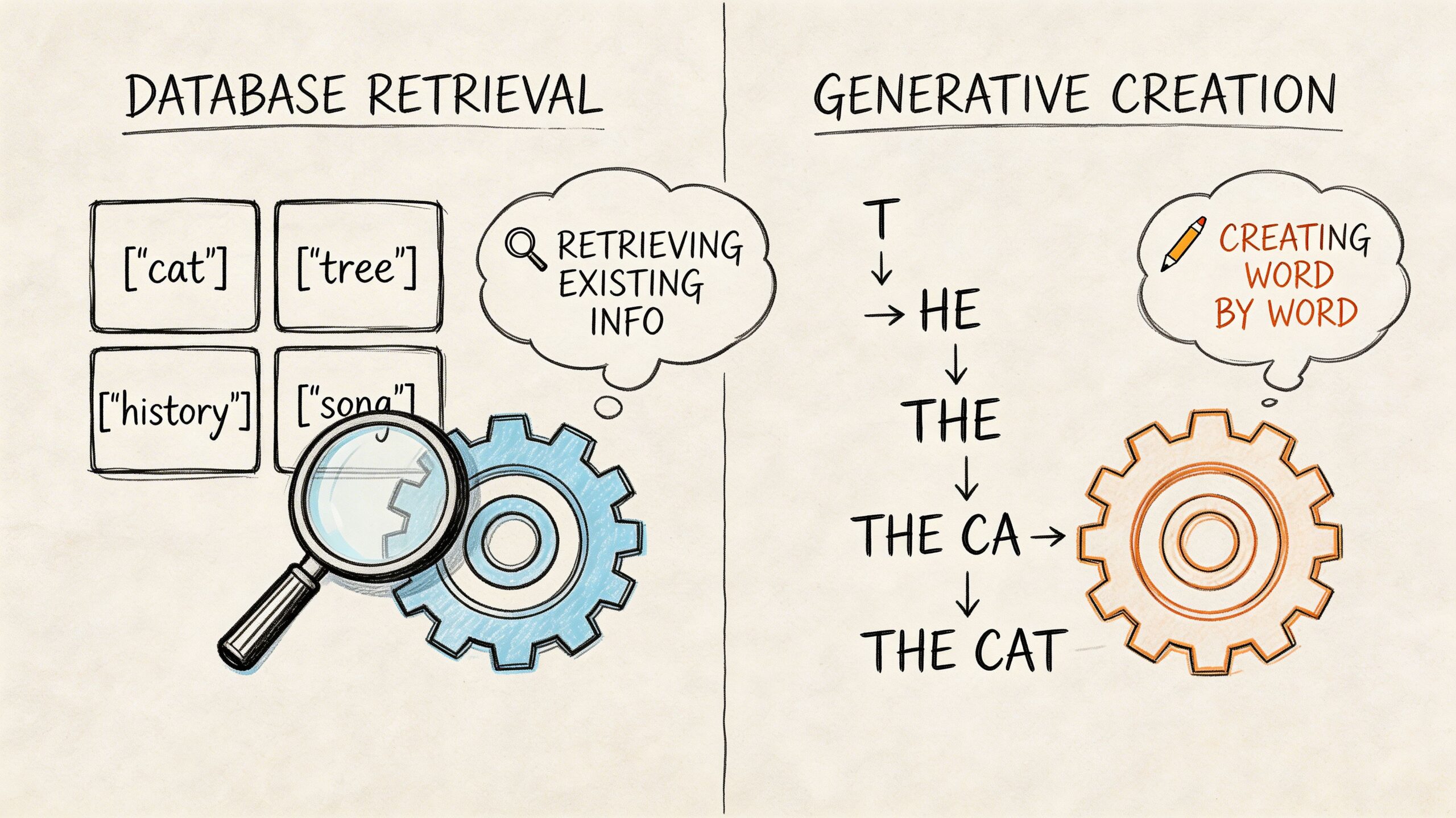 A diagram comparing database retrieval of existing information versus the word-by-word generative creation process of AI.