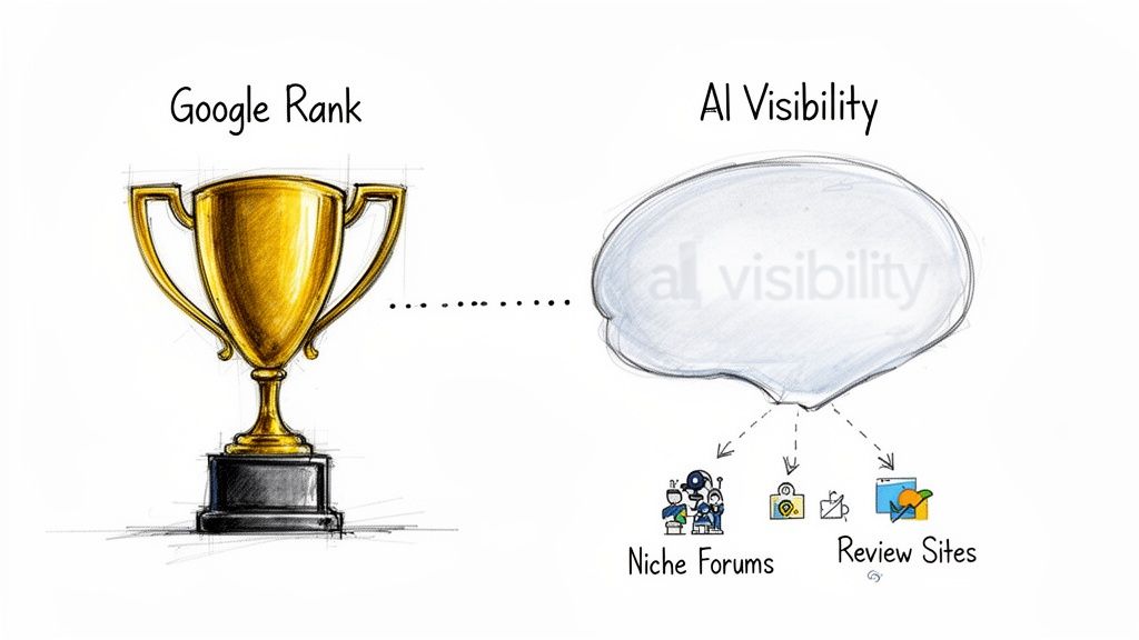Diagram showing Google Rank (trophy) versus AI Visibility (brain), encompassing Niche Forums, communities, and Review Sites.