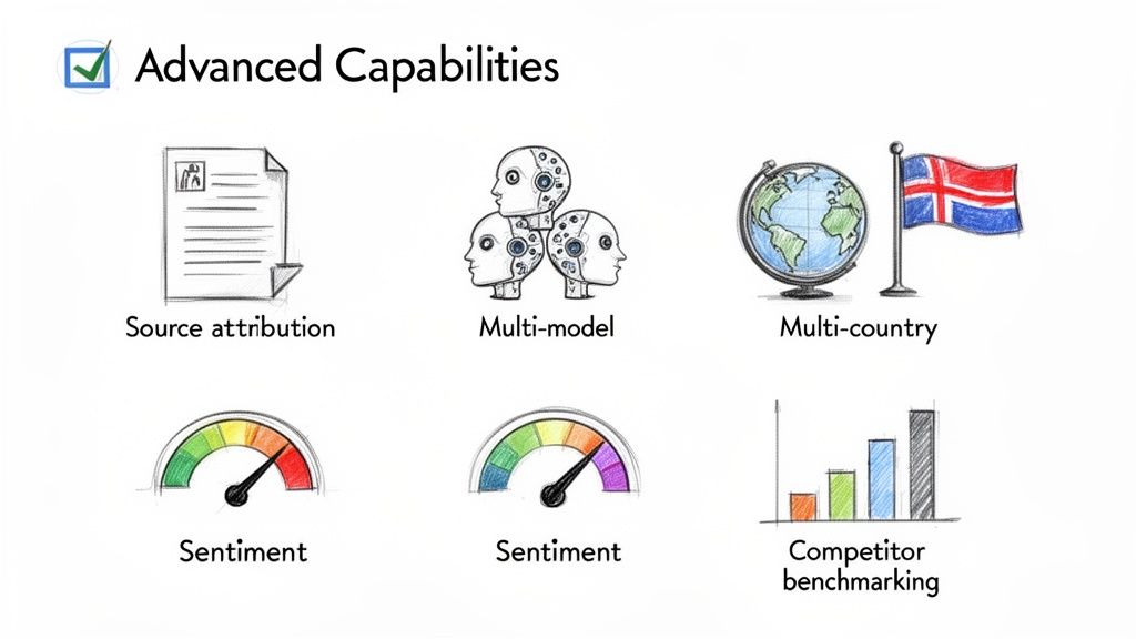 A visual representation of advanced software capabilities including source attribution, multi-model, multi-country support, sentiment analysis, and competitor benchmarking.