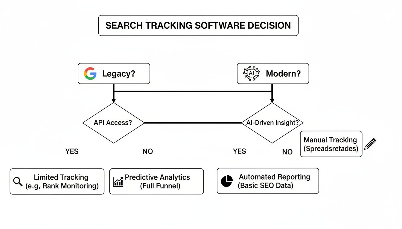 Flowchart for search tracking software decision, comparing legacy (API) and modern (AI) options and their outcomes.