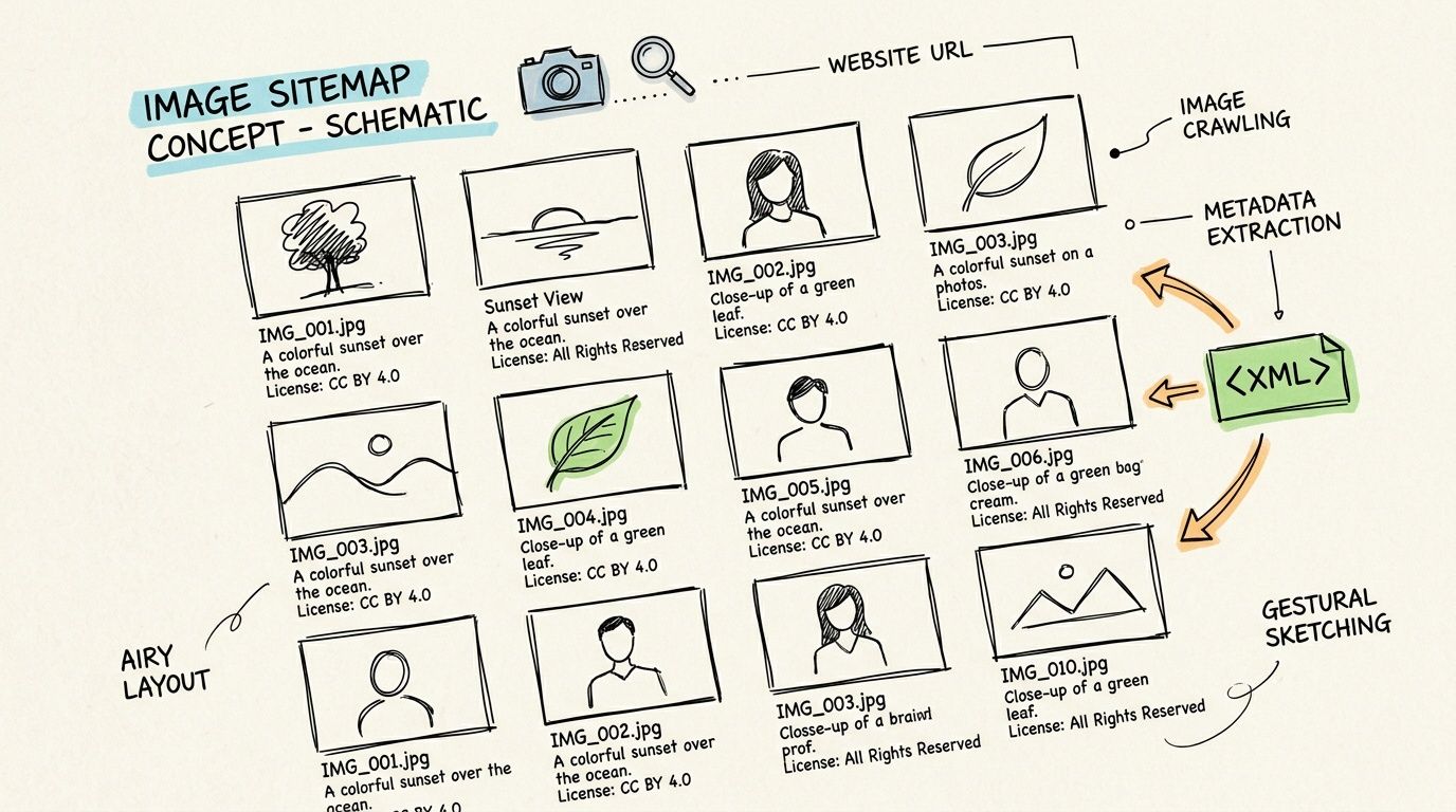 A hand-drawn schematic diagram illustrating an image sitemap concept for SEO crawling and metadata extraction in XML format.