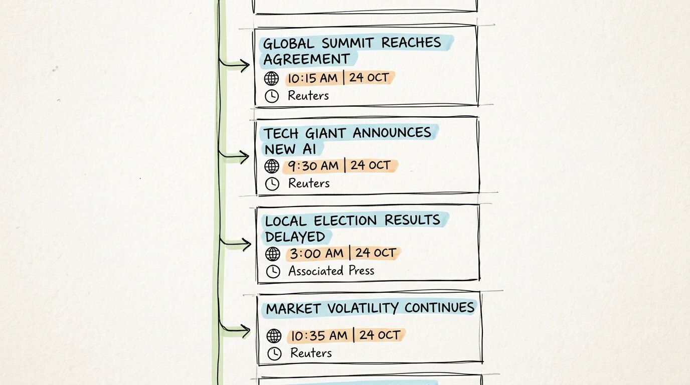 A hand-drawn timeline infographic featuring news headlines, timestamps, dates, and sources like Reuters and Associated Press.