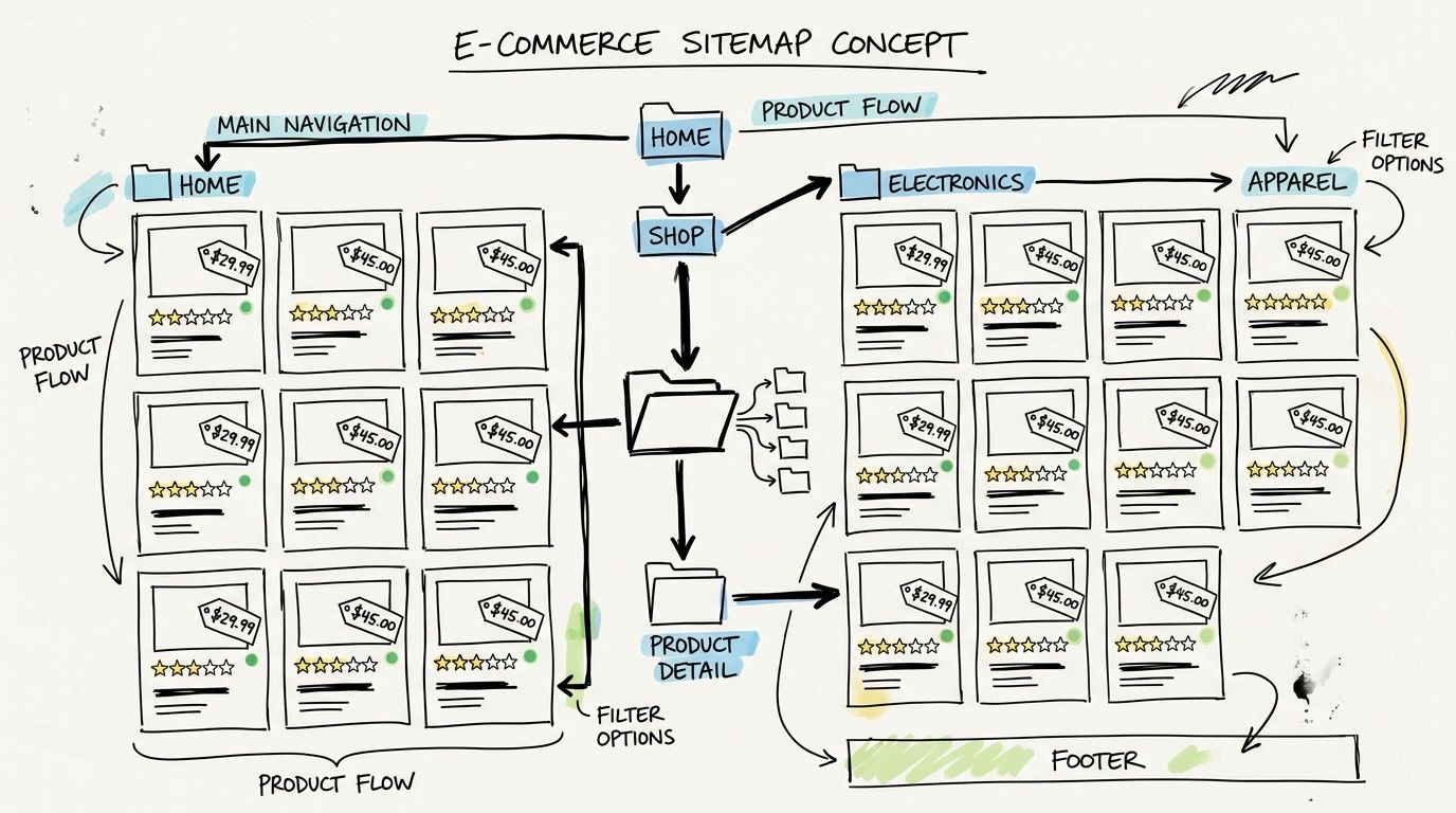 A hand-drawn flowchart illustrating an e-commerce sitemap concept with navigation, product flows, and category page structures.