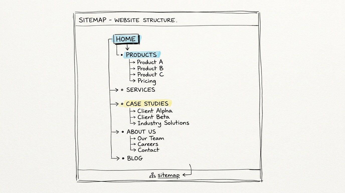 A hand-drawn sitemap diagram showing the hierarchical website structure with main pages and subpages listed.