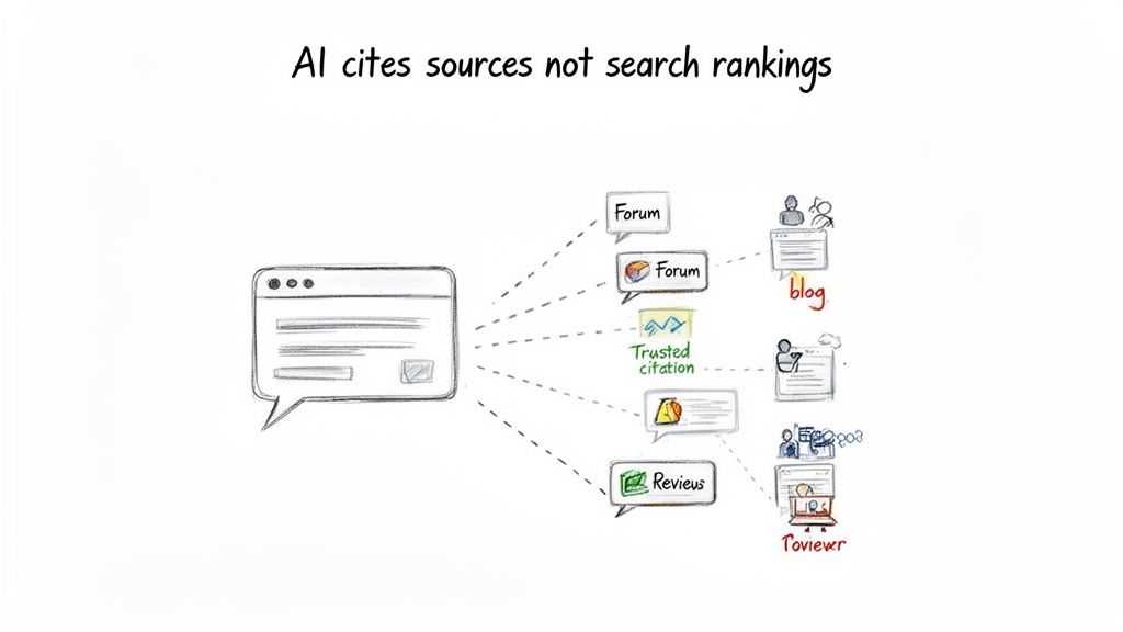 Diagram illustrating AI citing diverse sources like forums, blogs, trusted citations, and reviews, not search rankings.