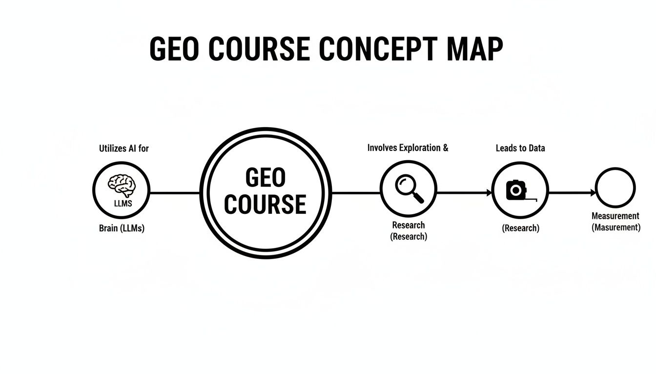 A concept map showing a GEO Course's utilization of AI (LLMs) and its research process from exploration to data and measurement.