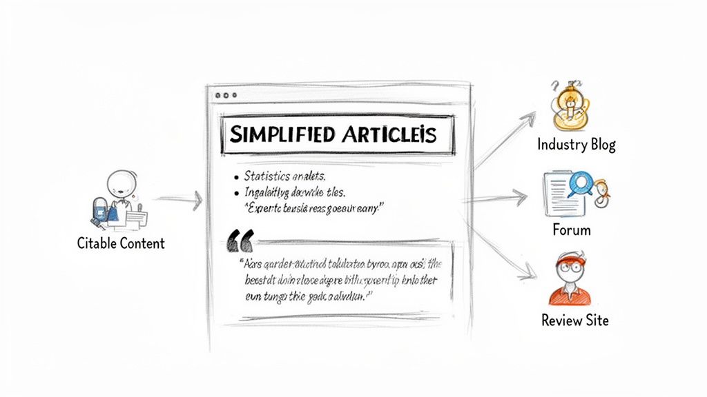 Diagram showing citable content being simplified into an article, then distributed to blogs, forums, and review sites.